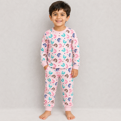 Pink Unicorn Print Kids Co-Ord Set – Full Sleeve Cotton T-Shirt & Jogger Pants