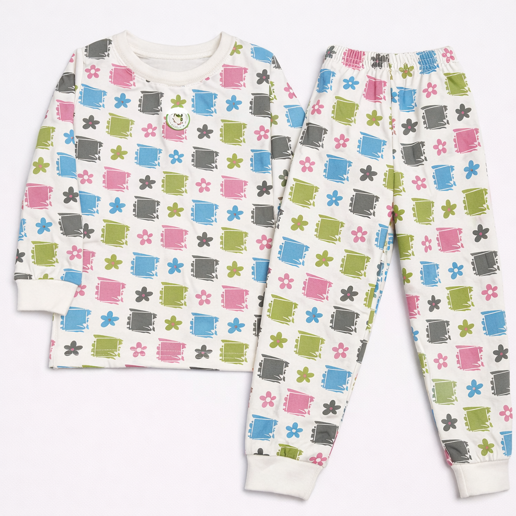 Hazelnut Cream Multi Print Kids Co-Ord Set – Full Sleeve Cotton T-Shirt & Jogger Pants  - Cutypi