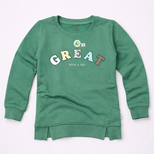 Hazelnut Kids Great Joyful & Free Green Full Sleeve Sweatshirt - Cutypi