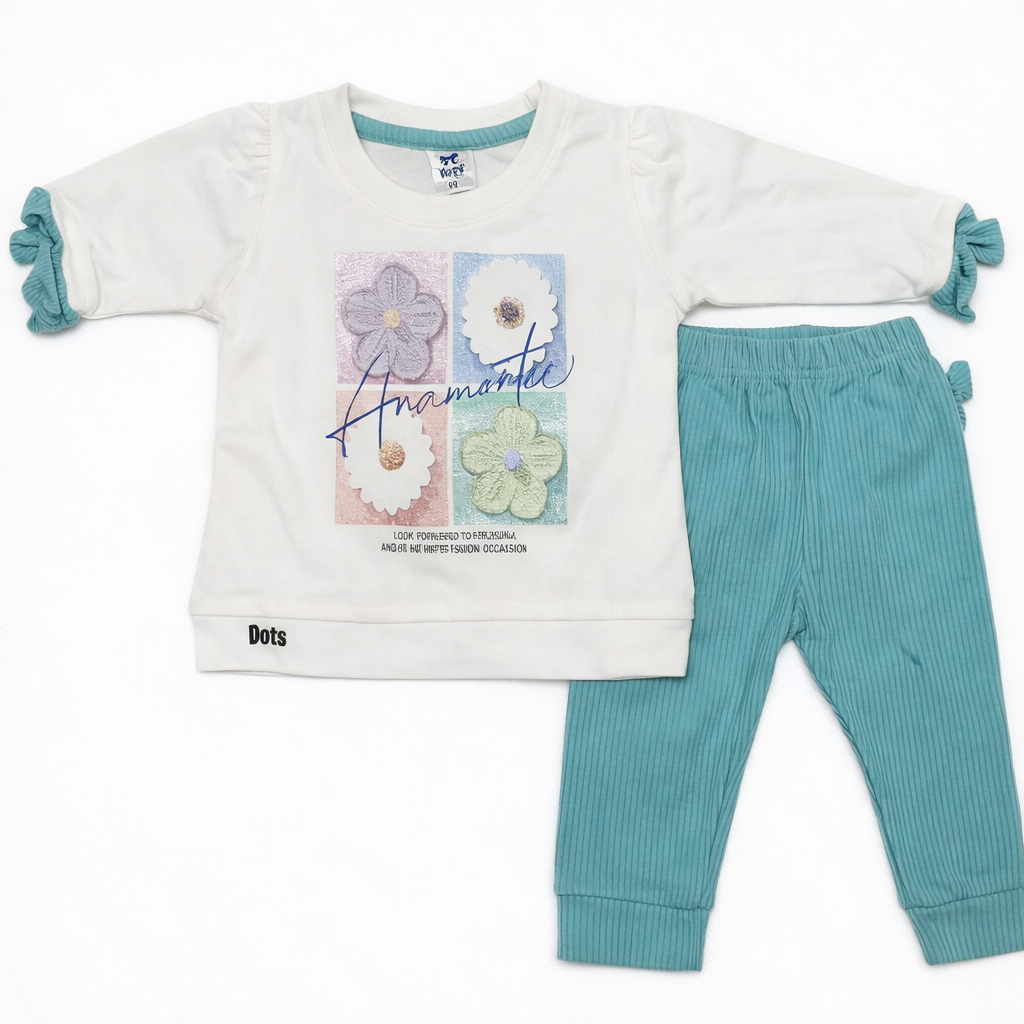 Dots Baby Girls Floral Print Sweatshirt with Ribbed Pants Set Blue White Outfit - Cutypi