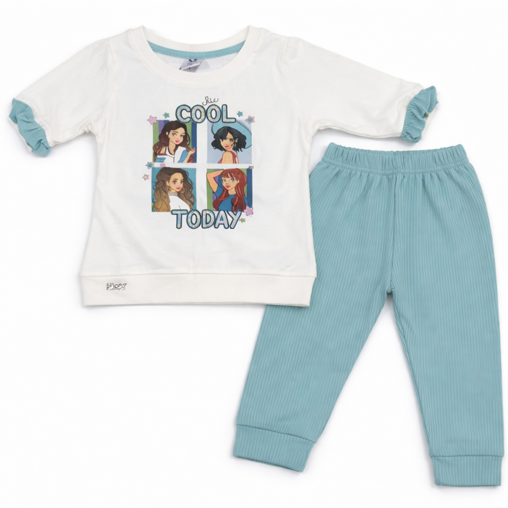 Dots Baby Girls Cool Today Printed Sweatshirt with Ribbed Pants Set White Blue Outfit - Cutypi