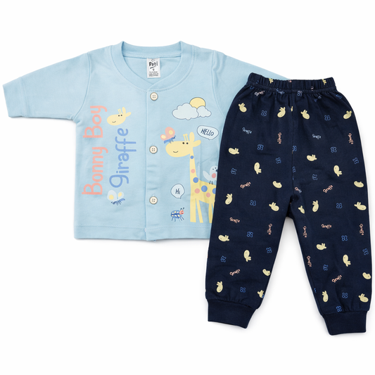 Dots Boy Giraffe Baby Front Open Top with Pant Set – Soft Cotton Outfit - Sky Blue - Cutypi