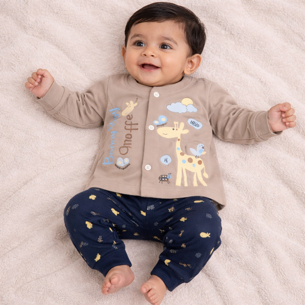 Dots Boy Giraffe Baby Front Open Top with Pant Set – Soft Cotton Outfit - Cutypi