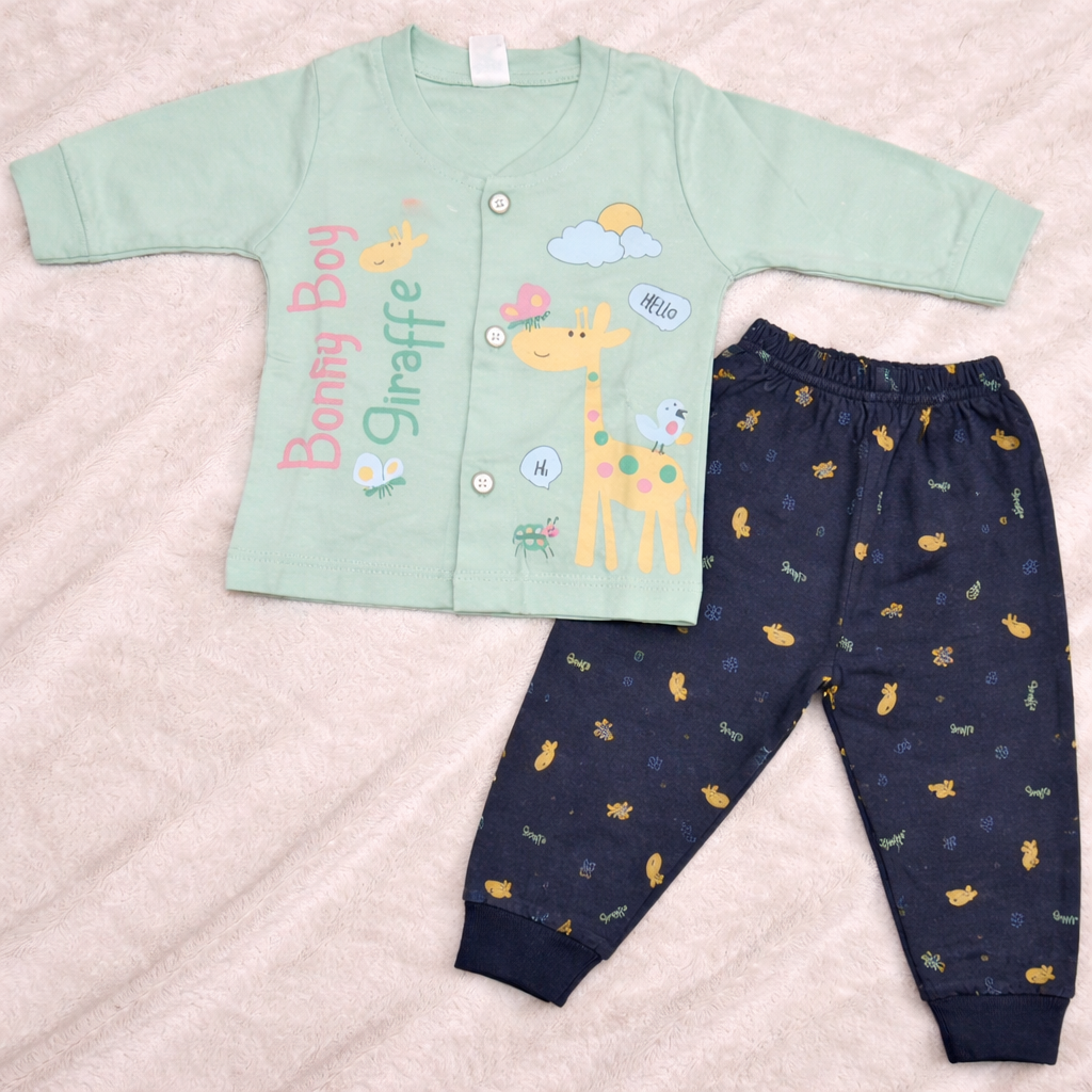 Dots Boy Giraffe Baby Front Open Top with Pant Set – Soft Cotton Outfit - Mint - Cutypi