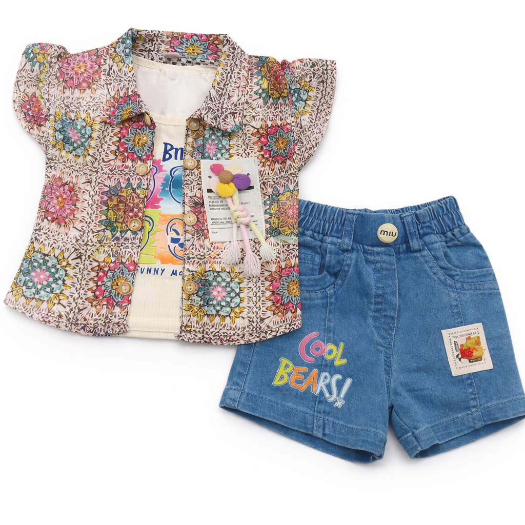 Itzy Baby Girls Floral Shirt with T-Shirt & Denim Shorts Set Cotton Summer Outfit - Cutypi