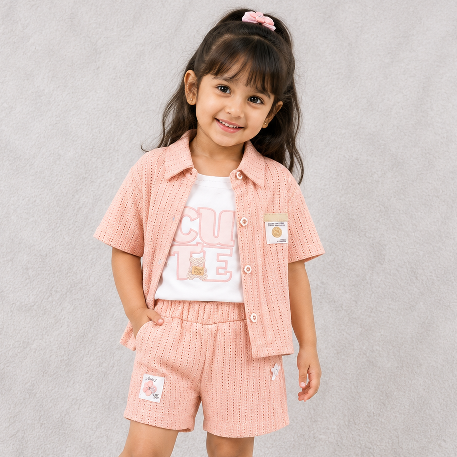 Zippy Girls Peach Cotton 3 Piece Shirt T-Shirt and Shorts Co-Ord Set for Kids