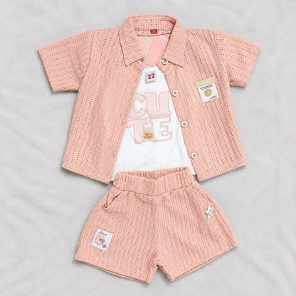 Girls Peach 3 Piece Cotton Shirt, T-Shirt & Shorts Set