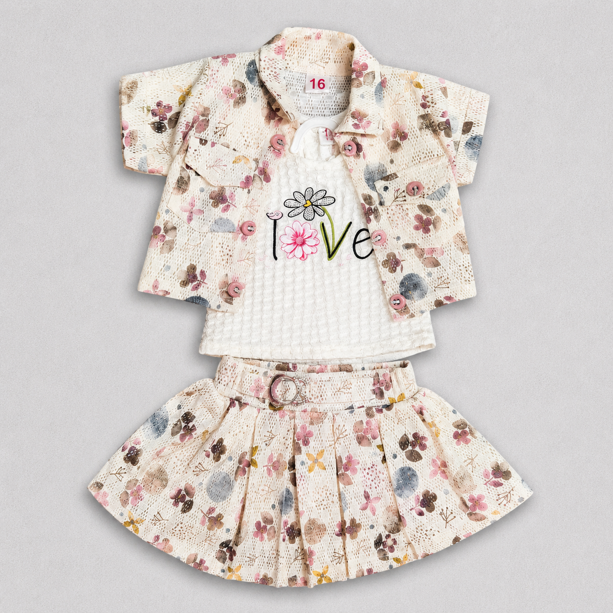 Girls Floral 3 Piece Jacket, T-Shirt & Skirt Set – Cute & Stylish Look