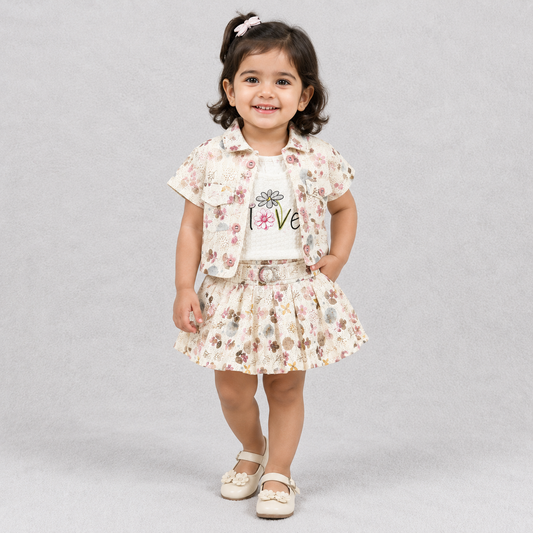 Zippy Girls Floral 3 Piece Jacket T-Shirt & Skirt Set | Cutypi