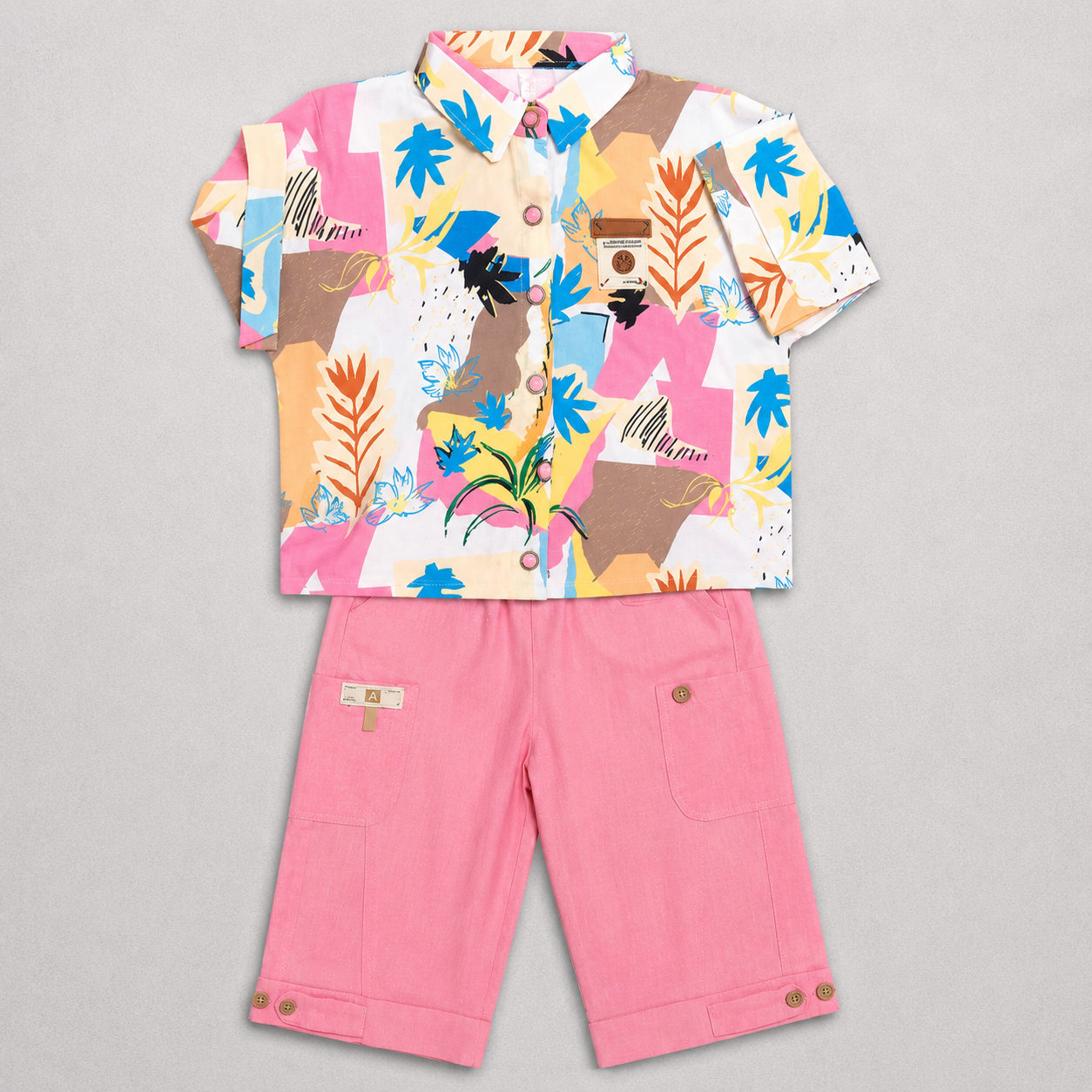 Girls Floral Printed Shirt & Pink Capri Pants Set – Stylish Summer Look