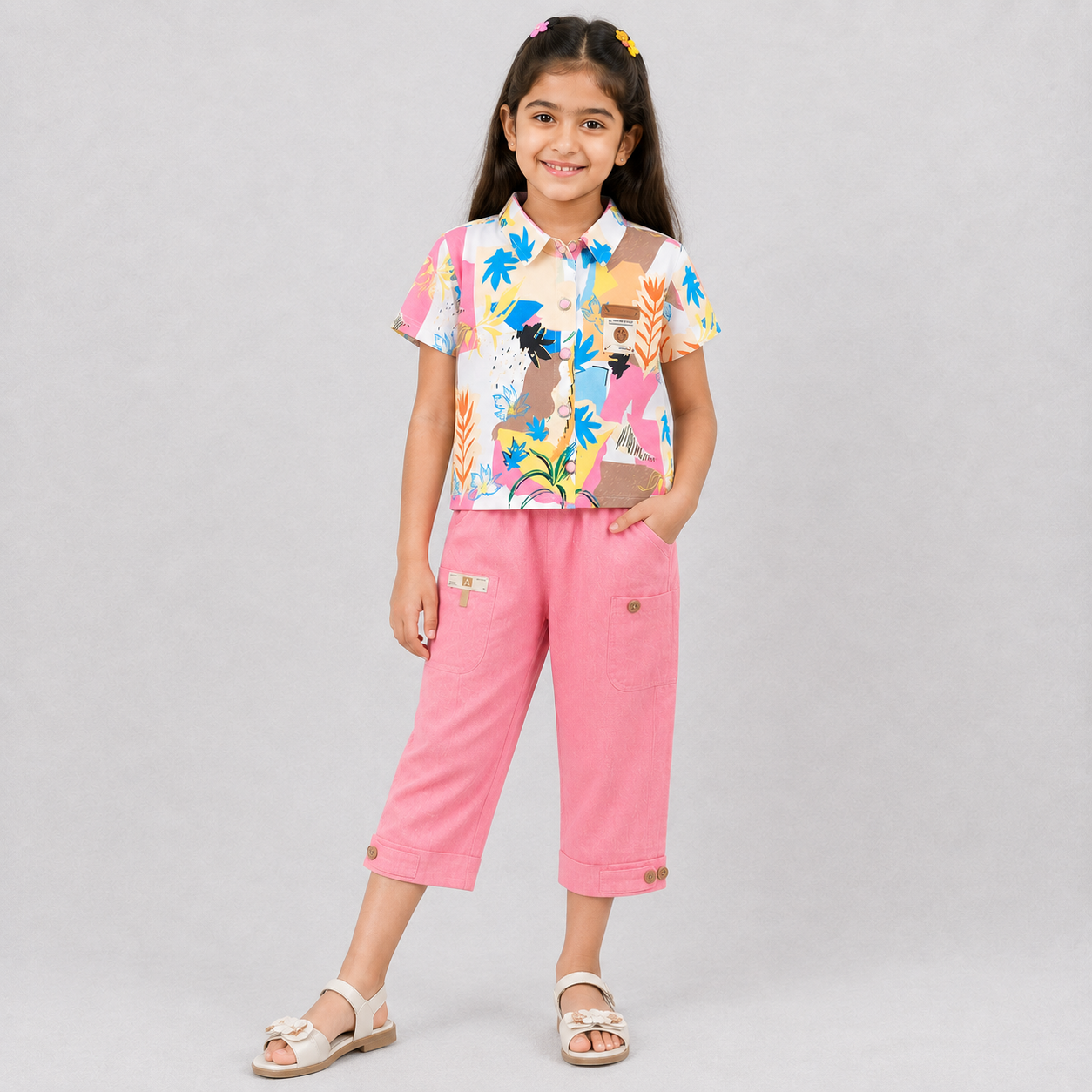 Zippy Girls Floral Shirt & Pink Capri Pants Set | Cutypi India
