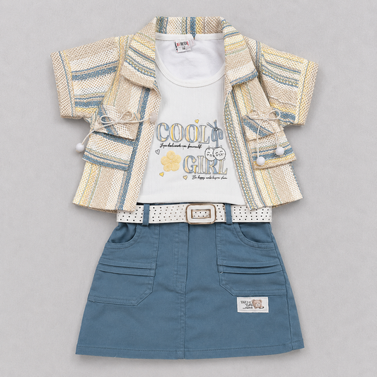 Girls Printed Jacket, T-Shirt & Blue Skirt Set – Trendy Casual Style