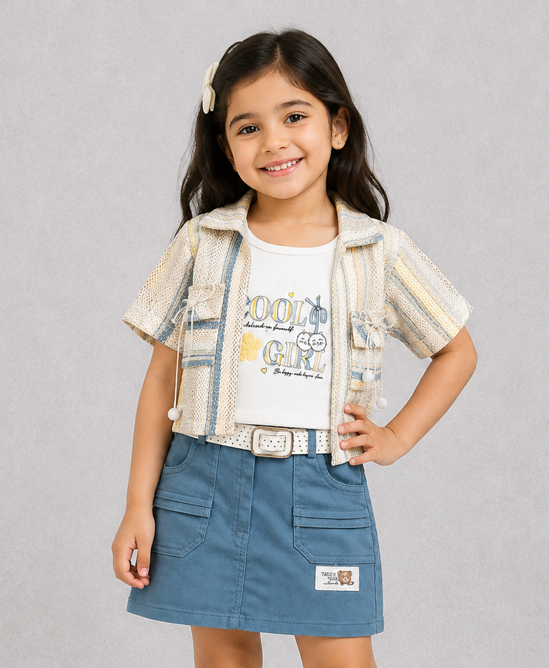 BabyQ Girls Printed Jacket Graphic T-Shirt and Blue Skirt Set with Belt for Kids | Cutypi