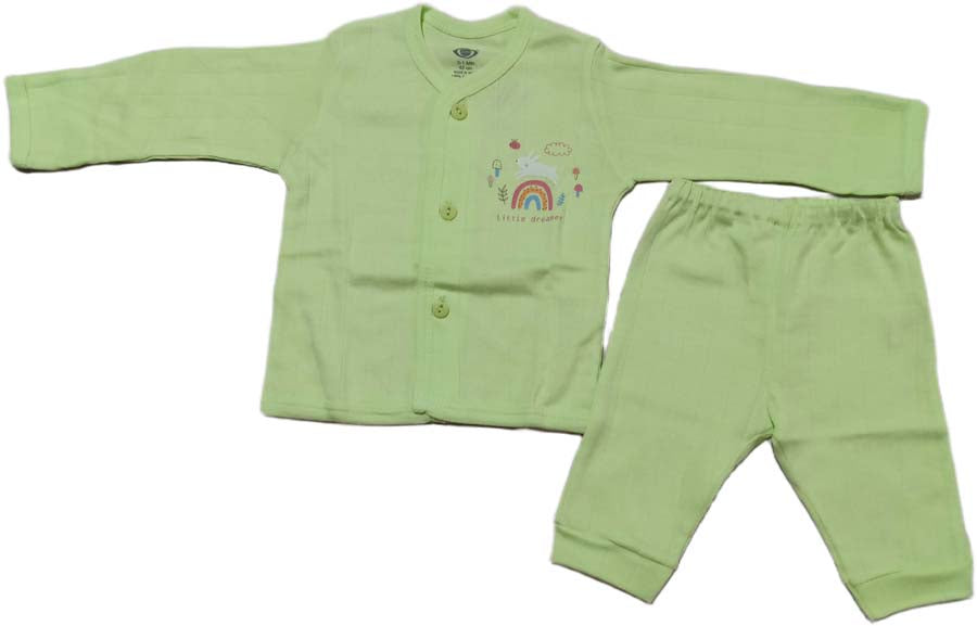 Zero New Born Baby Front Open Full Sleeves Top with pant - Green
