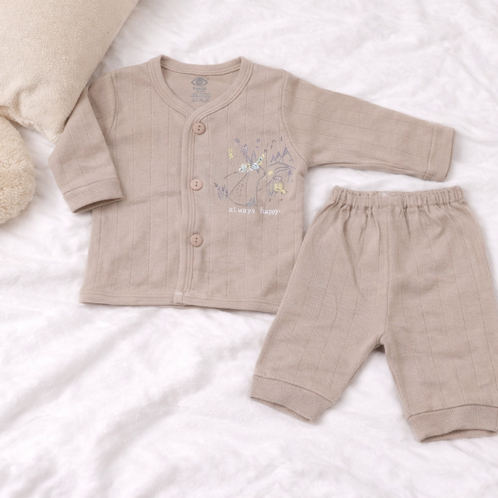 Zero Zero New Born Baby Front Open Full Sleeves Top with pant -Light Brown - Cutypi