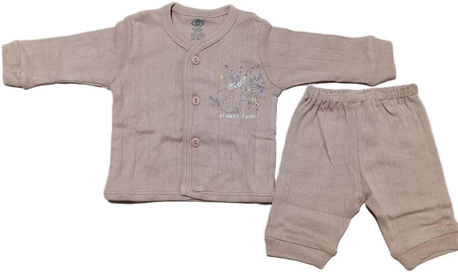 Zero New Born Baby Front Open Full Sleeves Top with pant -Light Brown