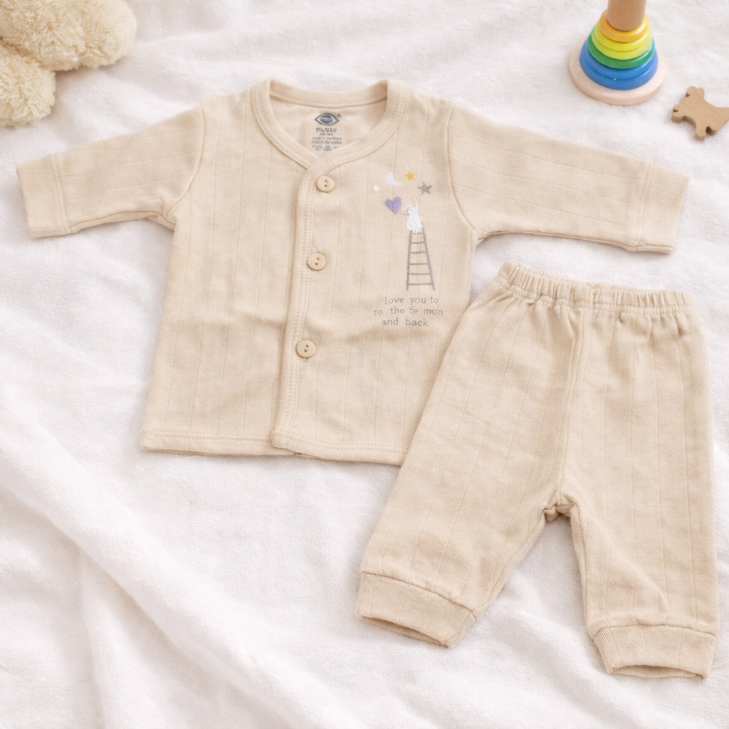 Zero Zero New Born Baby Front Open Full Sleeves Top with pant - Light Cream - Cutypi
