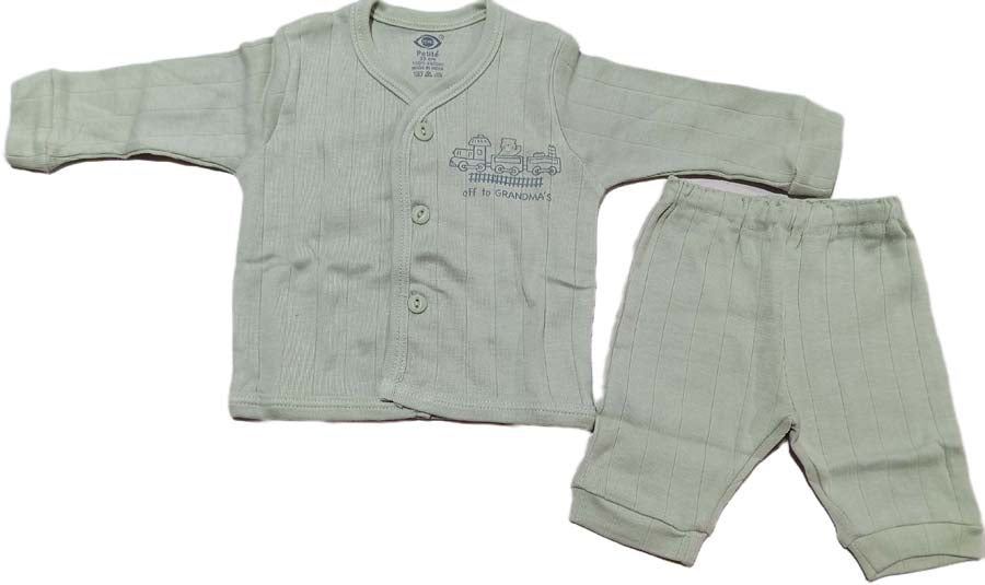 Zero New Born Baby Front Open Full Sleeves Top with pant - Light Green