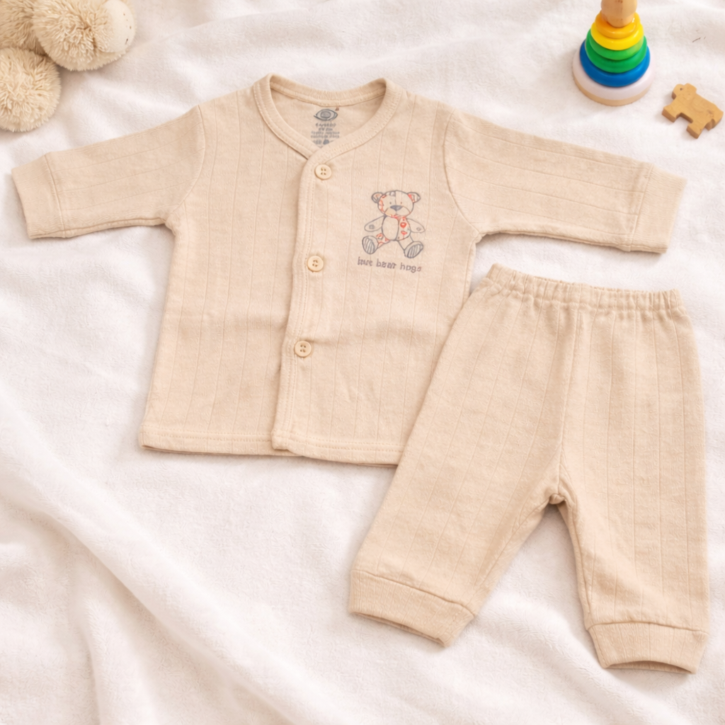 Zero Zero New Born Baby Front Open Full Sleeves Top with pant - Beige Color - Cutypi