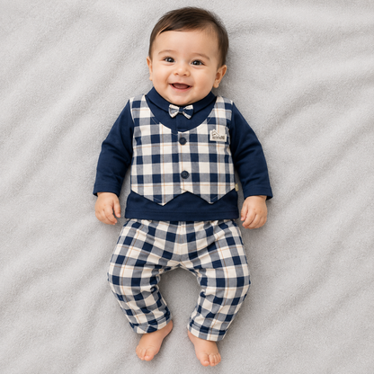 Baby Boys Blue Check Waistcoat Style Clothing Set