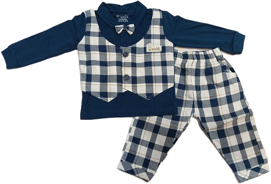 Cotton Full Sleeves T-Shirt & Pant Set With Checks Waistcoat & Bow - Blue