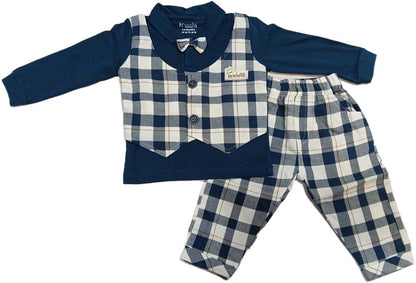 Cotton Full Sleeves T-Shirt & Pant Set With Checks Waistcoat & Bow - Blue