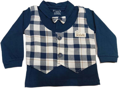 Cotton Full Sleeves T-Shirt & Pant Set With Checks Waistcoat & Bow - Blue