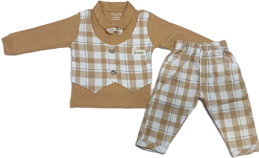 Cotton Full Sleeves T-Shirt & Pant Set With Checks Waistcoat & Bow - Khakee