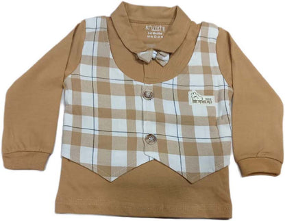 Cotton Full Sleeves T-Shirt & Pant Set With Checks Waistcoat & Bow - Khakee