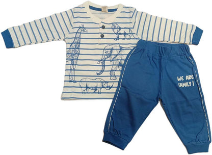 Kids Cotton Full Sleeves Striped T-Shirt with Pant - Blue