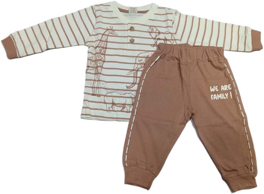 Kids Cotton Full Sleeves Striped T-Shirt with Pant - Brown