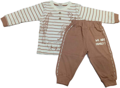 Kids Cotton Full Sleeves Striped T-Shirt with Pant - Brown