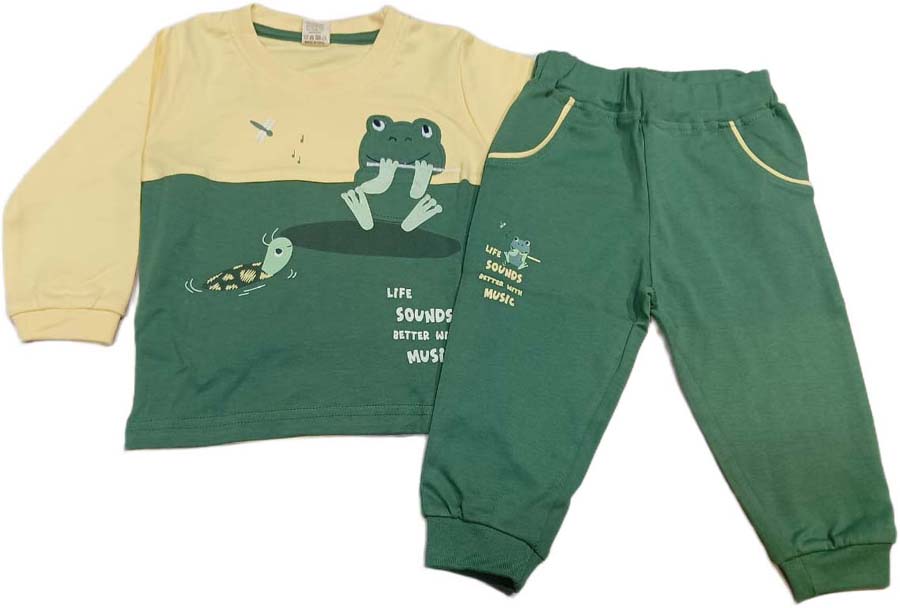 Boys Printed Cotton T Shirt with Joggers - Green