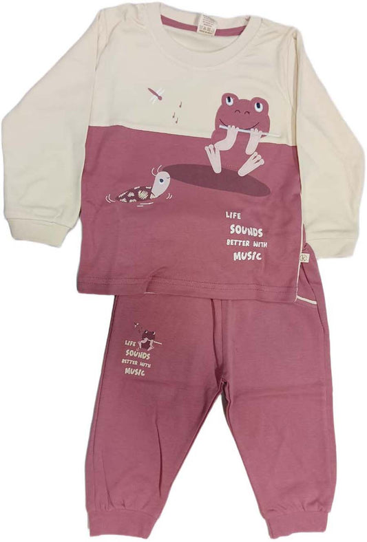 Boys Printed Cotton T Shirt with Joggers - Pink