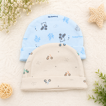 Newborn Baby Cotton Cap Set Pack of 2 Printed Soft Caps Multicolor- Cutypi