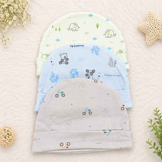 Newborn Baby Cotton Cap Set Pack of 3 Printed Soft Caps Multicolor- Cutypi