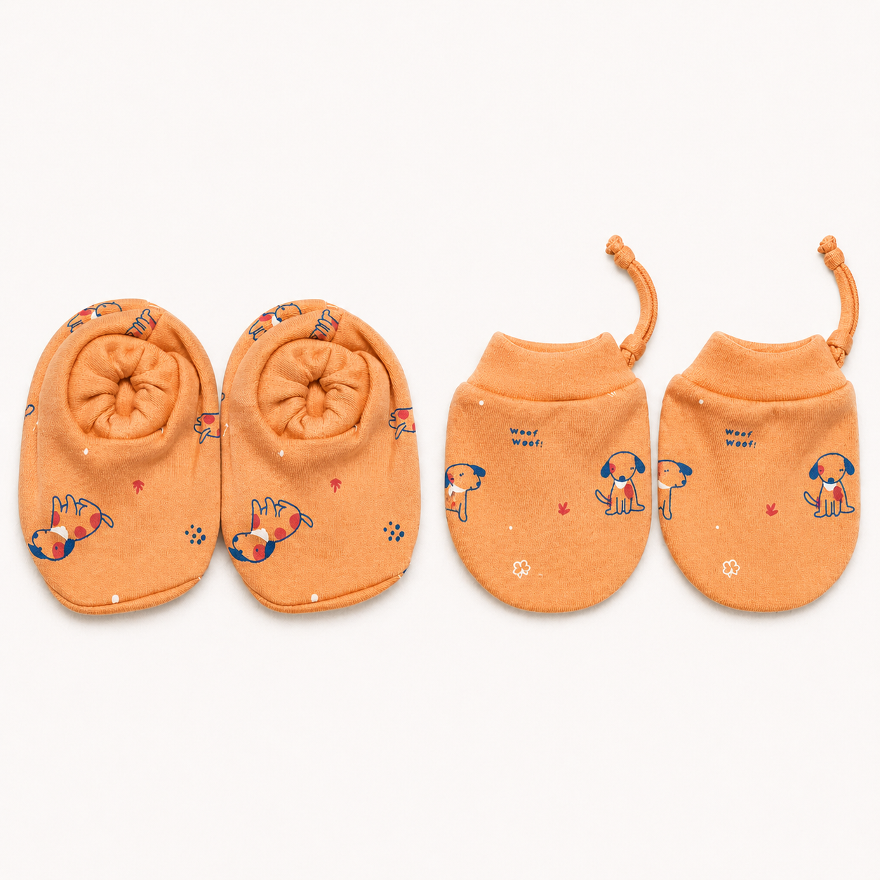Newborn Baby Cotton Booties & Mittens Set Orange Dog Print Soft Infant Essentials- Cutypi