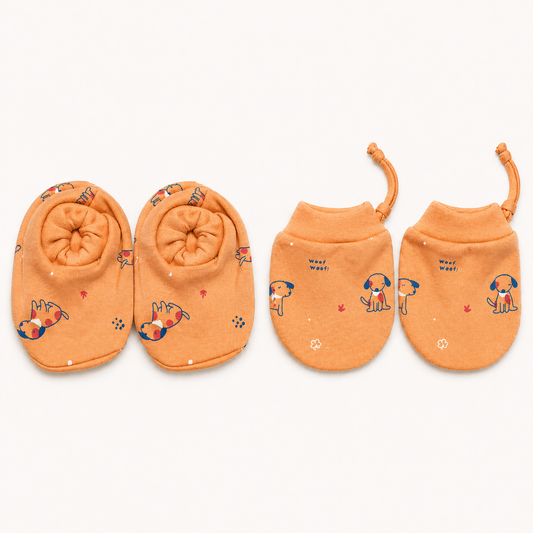 Newborn Baby Cotton Booties & Mittens Set Orange Dog Print Soft Infant Essentials- Cutypi