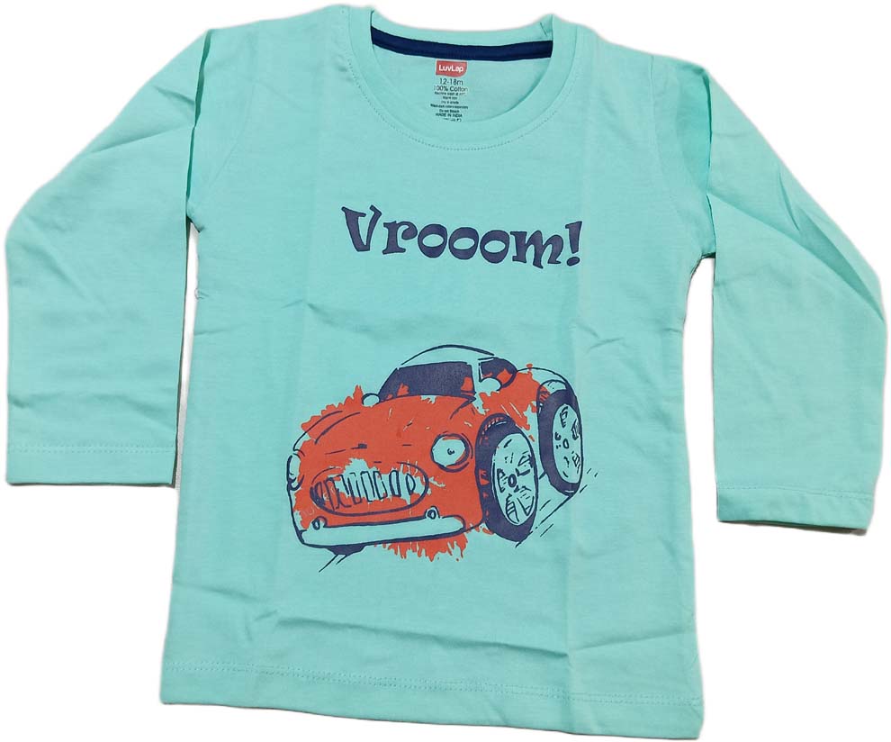 Boys Knit Full Sleeves Round Neck Vroom Printed T-Shirt - Green