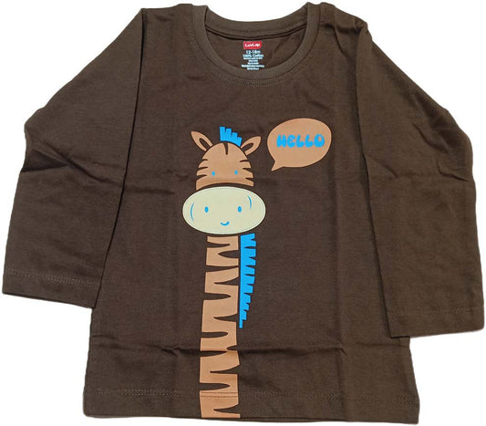 Boys Knit Full Sleeves Round Neck Vroom Printed T-Shirt - Choclate