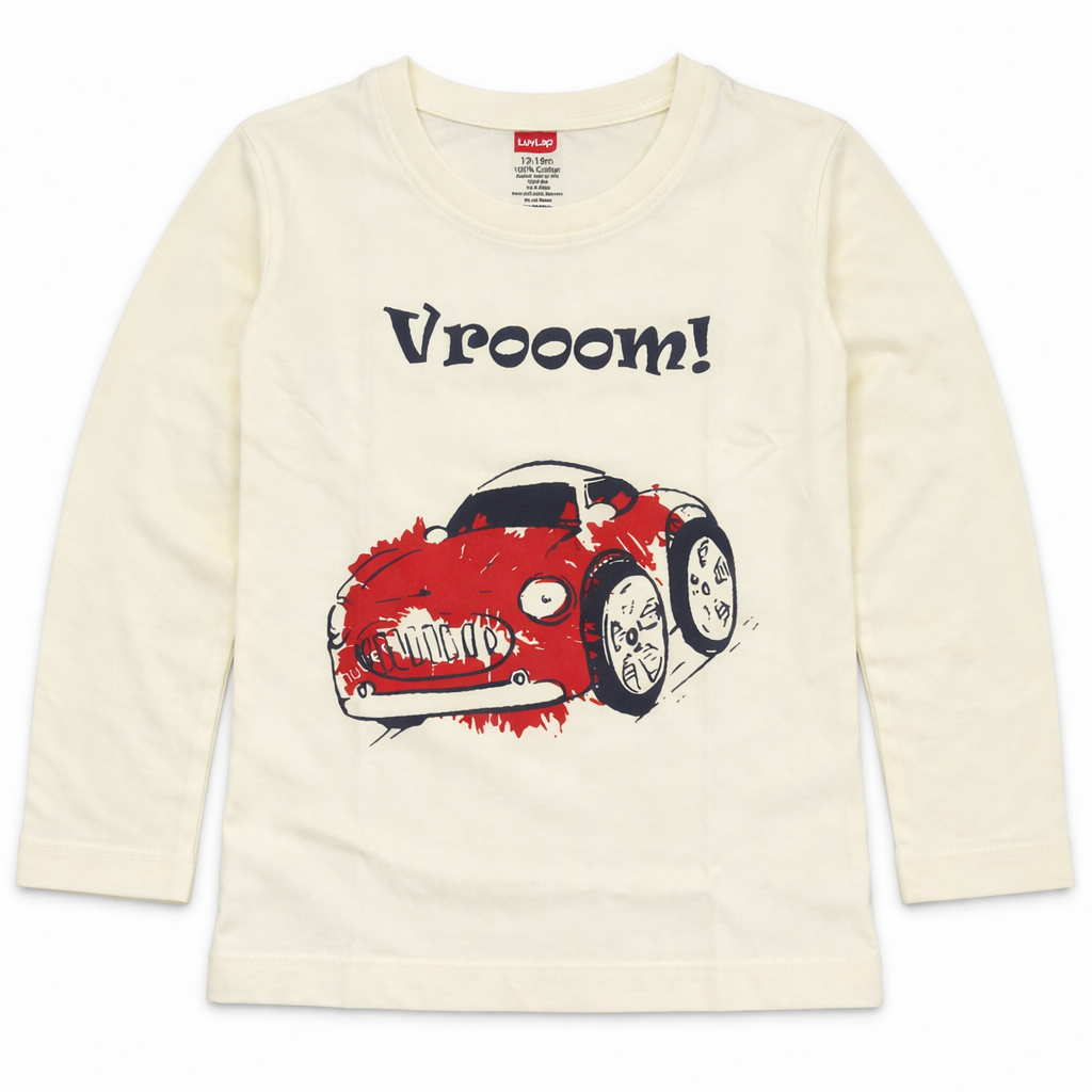 Luvlap Kids Cream car  Print T-Shirt Full Sleeve Cotton Casual Wear Top - Cutypi