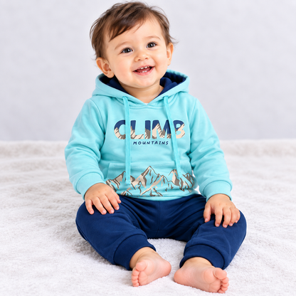 Luvlap kids sky blue fleece hoodie and navy blue jogger set with mountain print for winter