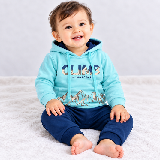Luvlap kids sky blue fleece hoodie and navy blue jogger set with mountain print for winter