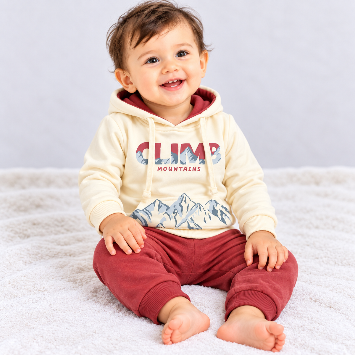 Luvlap kids cream fleece hoodie and maroon jogger set with mountain print for winter