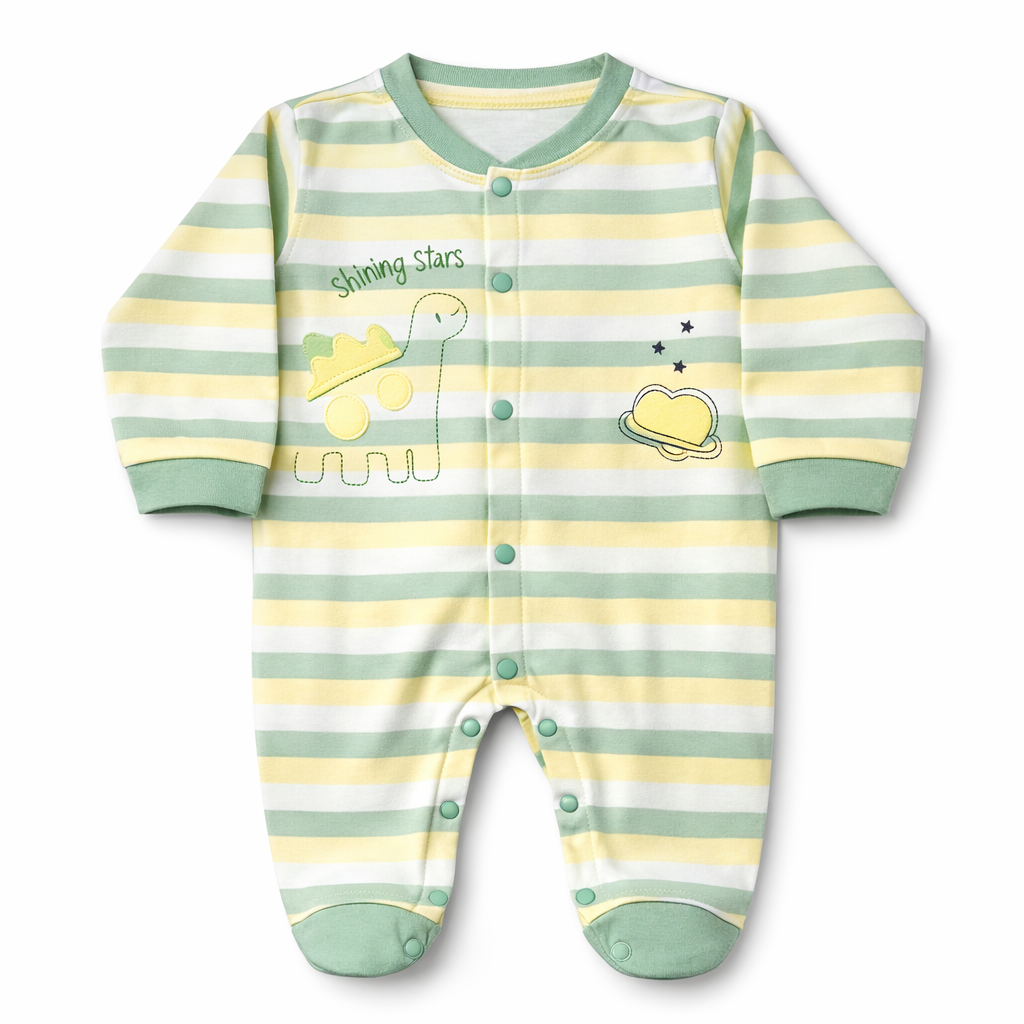 Pastel Striped Baby Romper with Dinosaur Print – Full Sleeve Cotton Sleepsuit