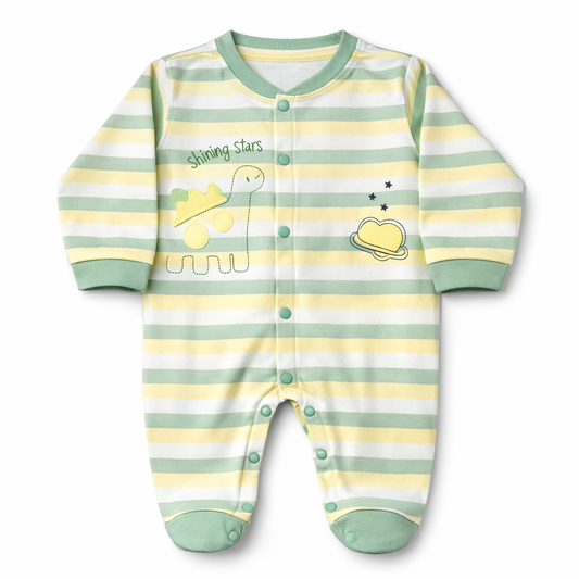 Pastel Striped Baby Romper with Dinosaur Print – Full Sleeve Cotton Sleepsuit