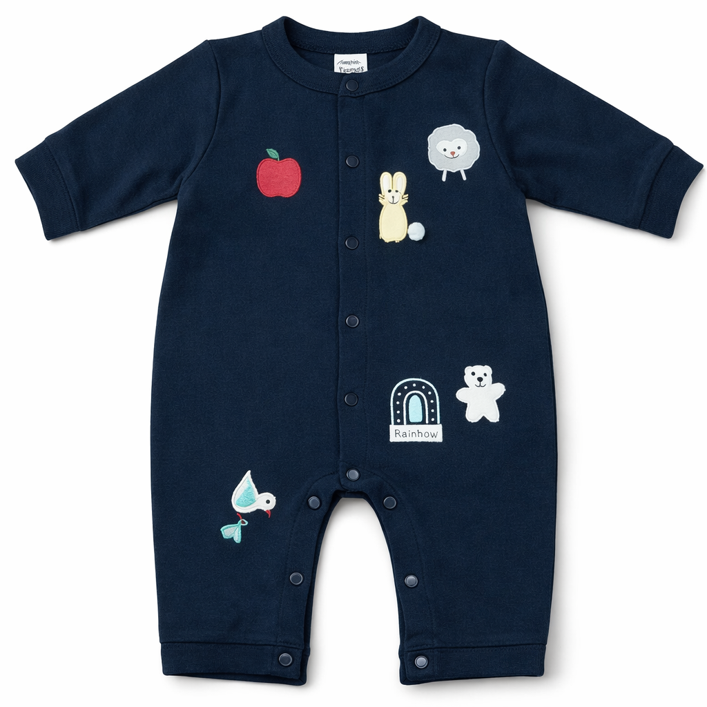 Navy Blue Baby Romper with Cute Applique – Full Sleeve Cotton Jumpsuit