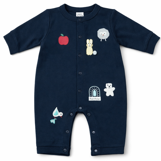 Navy Blue Baby Romper with Cute Applique – Full Sleeve Cotton Jumpsuit