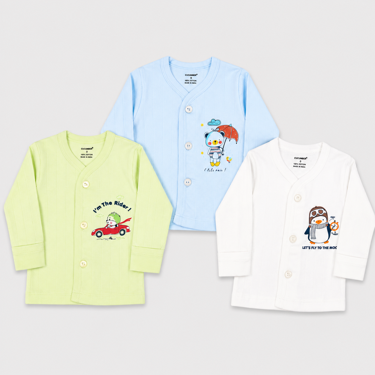 Cucumber Pack of 3 Full Sleeve Cotton Baby Jabla | Front Open Newborn Tops | Cutypi