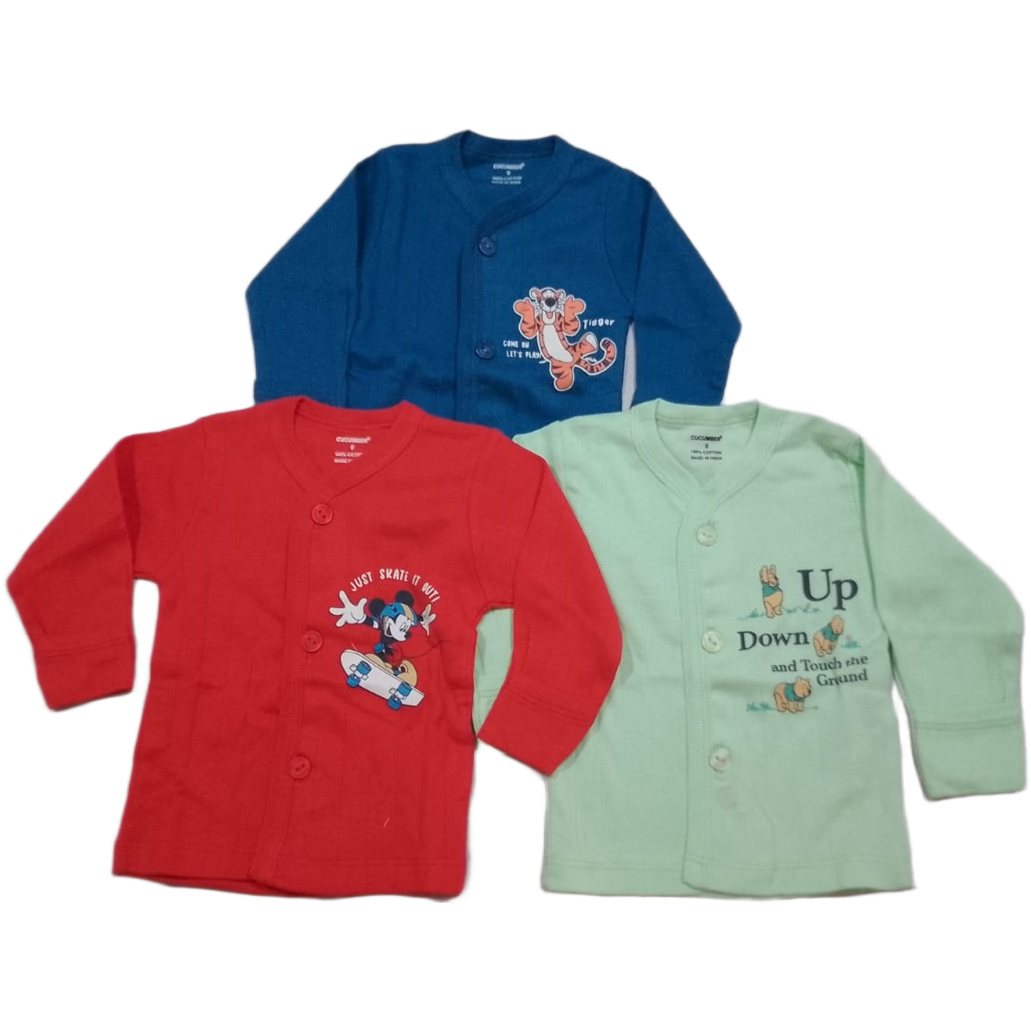 Cucumber Infant Front Open Colorful Cotton Top in Graphics Print - Set of 3 - Cutypi